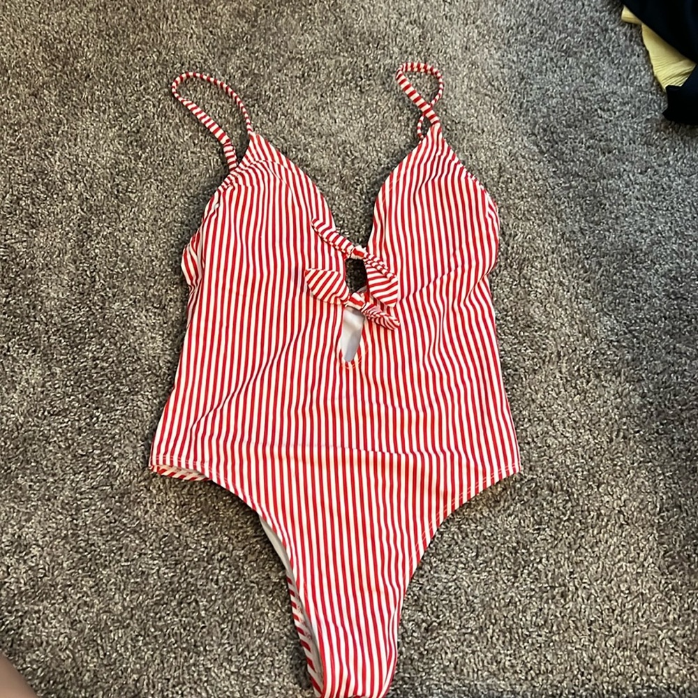 Target brand one piece candy striped bathing suit